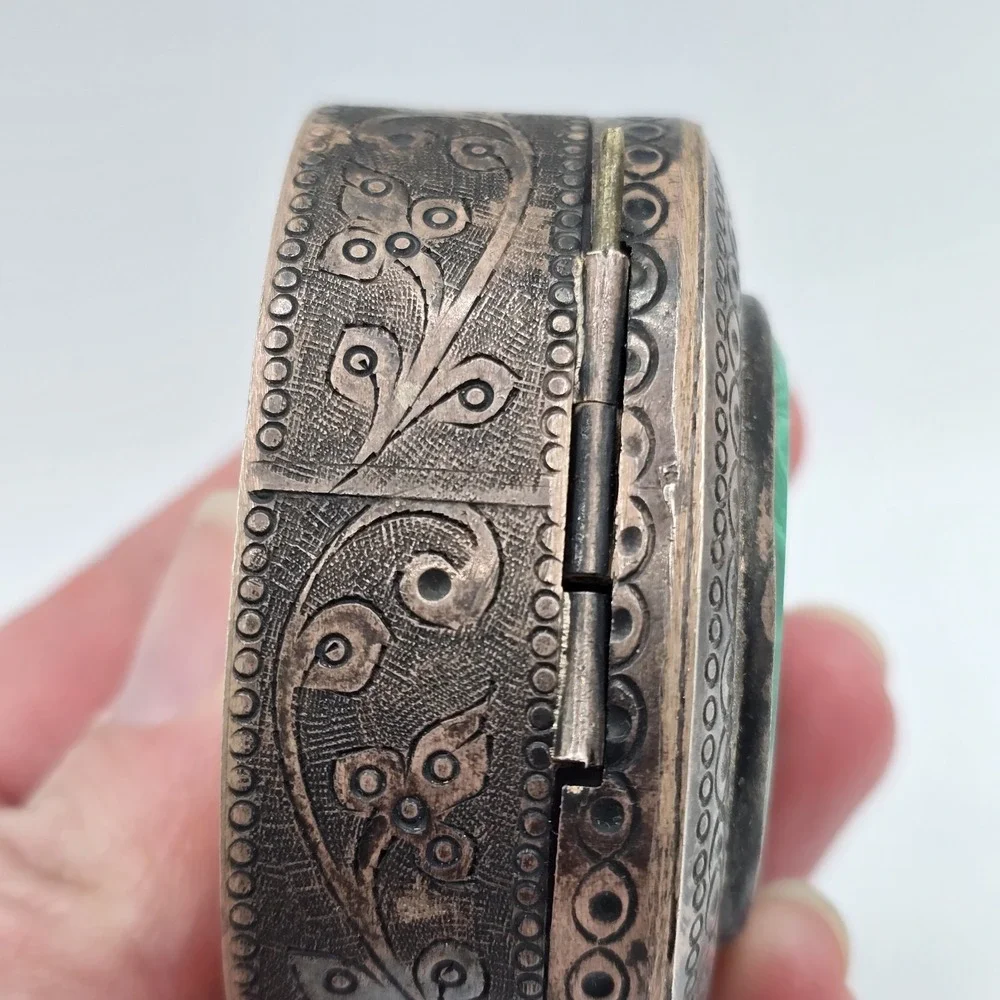 Vintage Antique Sterling Silver Malachite Stone Trinket Box‎